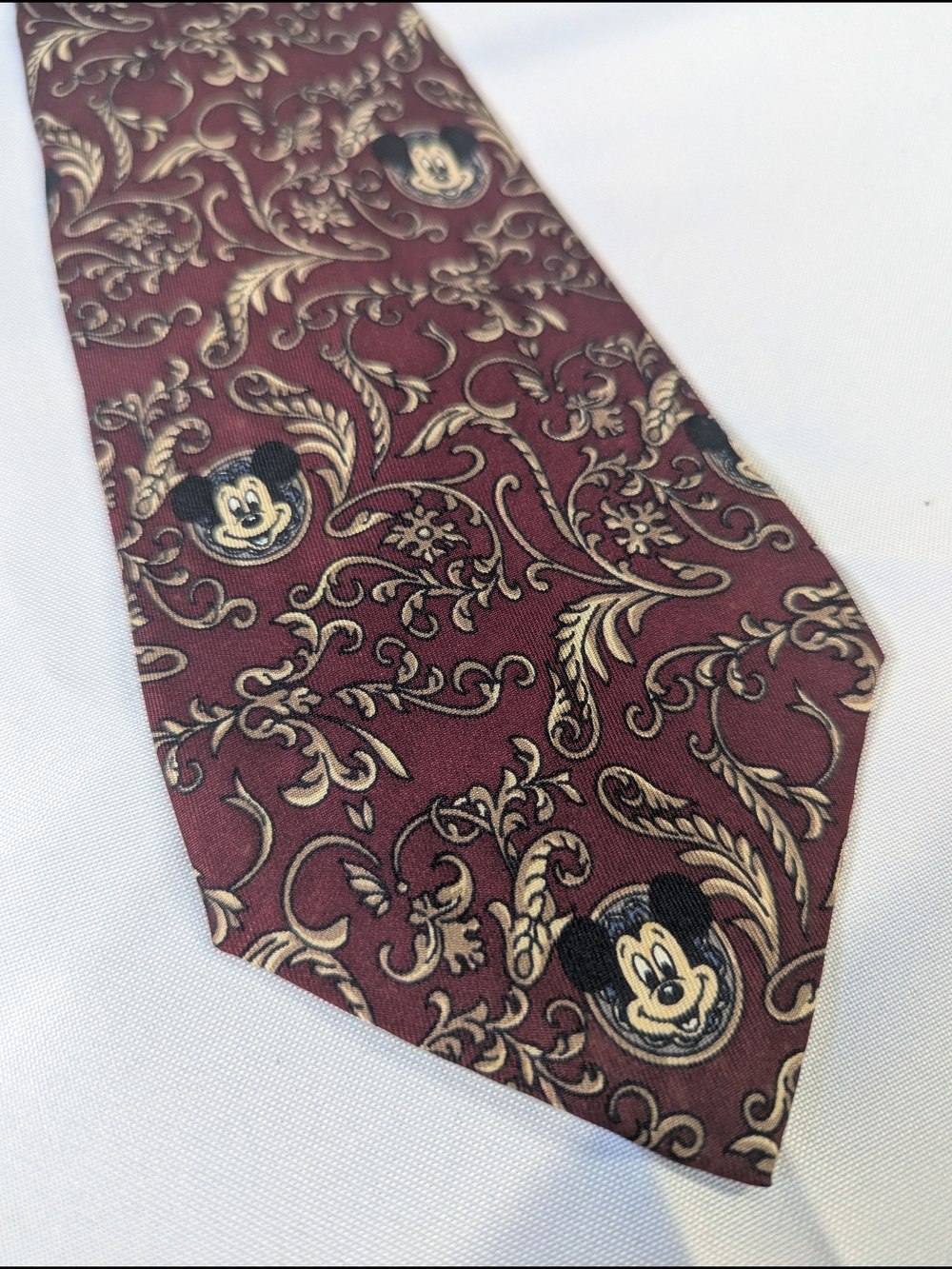 Disney Burgundy Tie with Gold Scroll and Mickey Motif